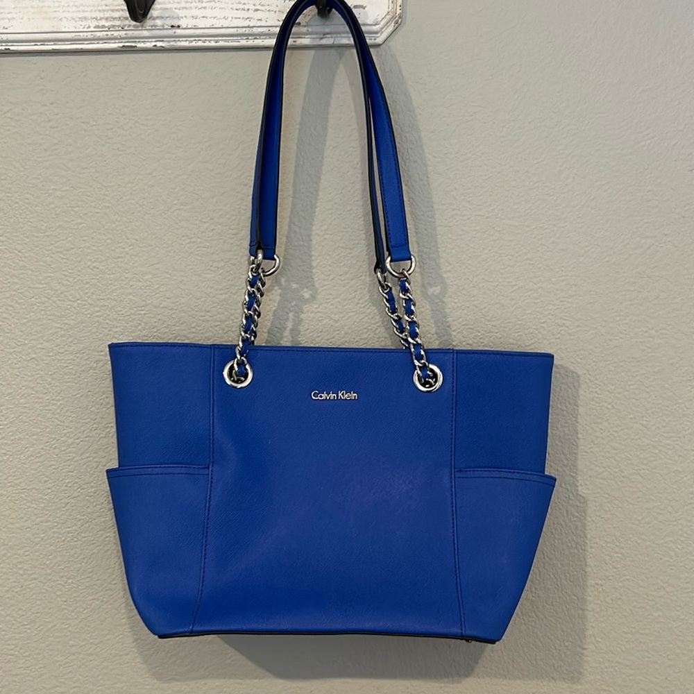 Calvin Klein Hayden Saffiano leather tote w/ chain handles, wallet, blue.
